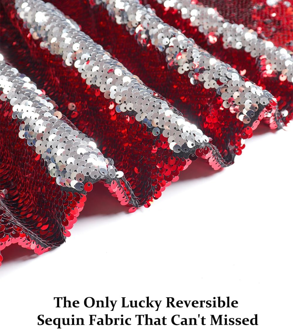 DUOBAO Reversible Sequin Fabric by the Yard - Red to Silver Color Shift Craft Material for DIY Costumes, Home Decor, Party Supplies (Mermaid Flip Sequins)