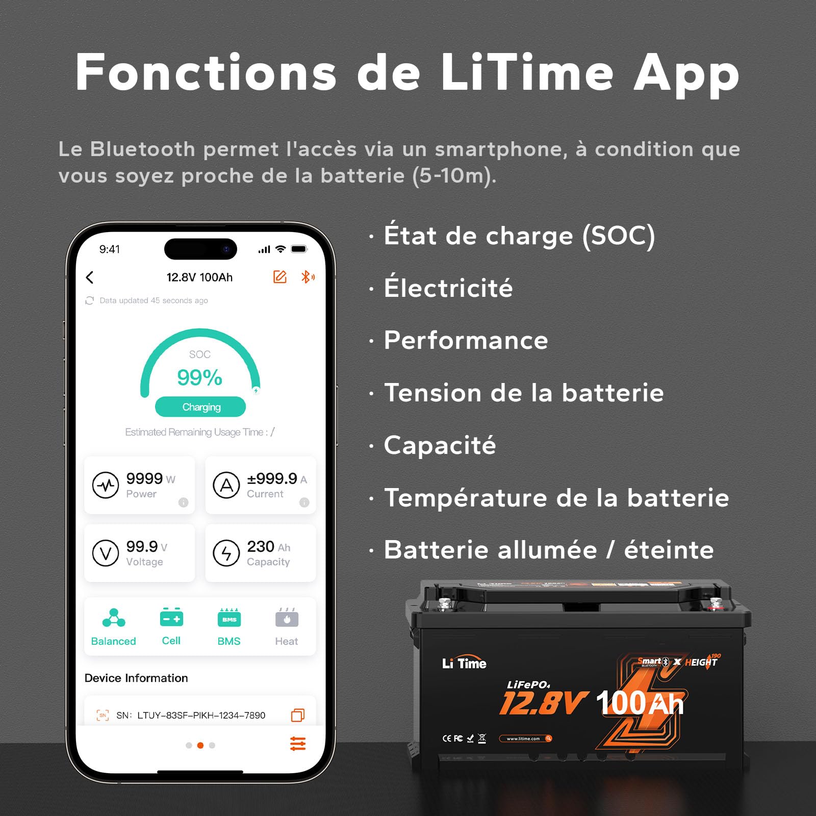 LiTime Batterie Lithium LiFePO4 12V 100Ah H190 avec Bluetooth pour Sièges de Camping-Car Européens: DIN H8 L5, 4000-15000 Cycles Profonds, Énergie 1280Wh, Parfait pour Caravane RVs, Fourgons