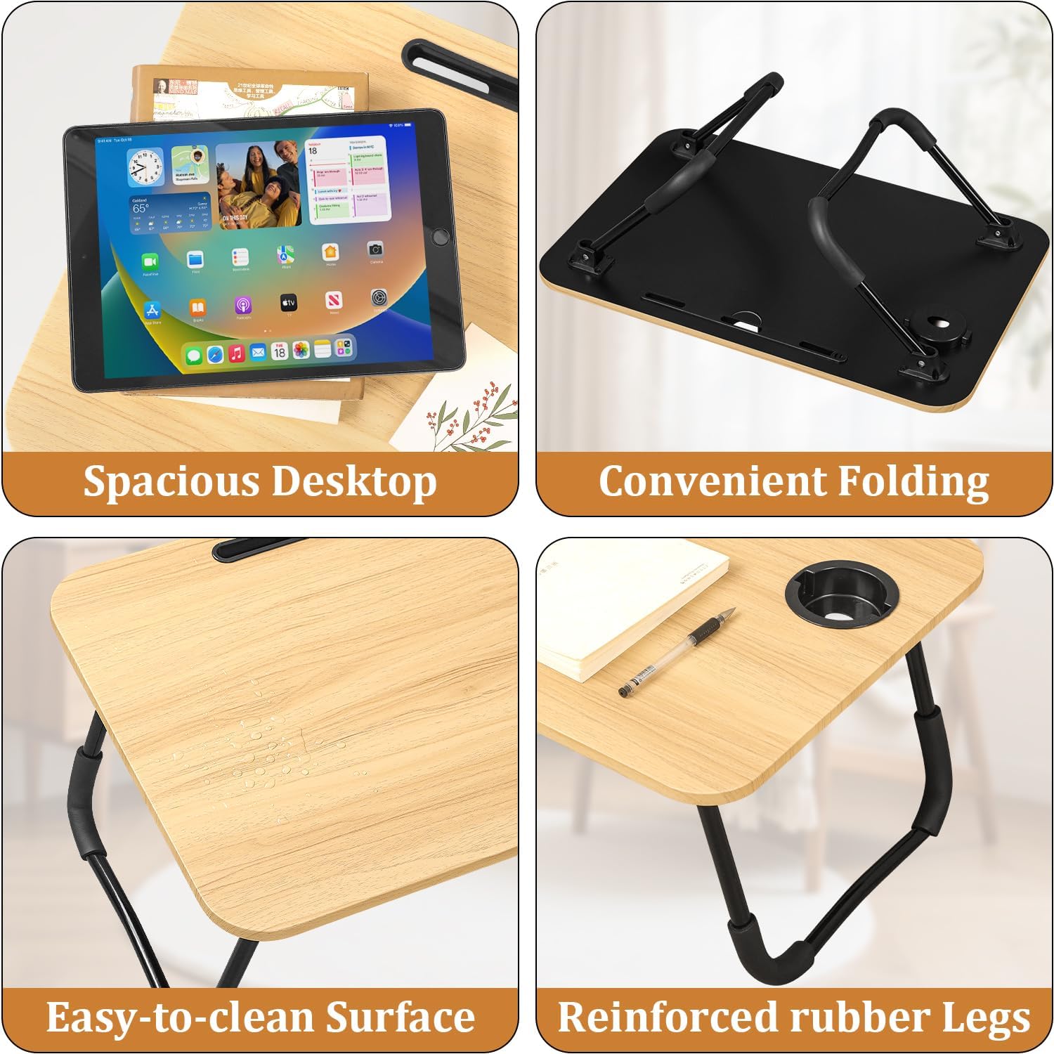 Bed Table Tray with Folding Legs Wood Lap Desk for Laptop Small Lap Table with Cup and Tablet Holders Portable Lap Tray Desks for Couch Sofa Eating Reading Working