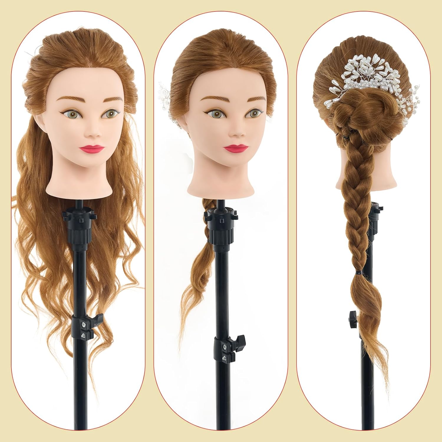 Mannequin Head with 80% Real Human Hair with Tripod Stand - 28" Cosmetology Manikin Doll Head for Hair Styling, Hairdressing Training Head for Braiding Practice Suitable for Hair Extensions