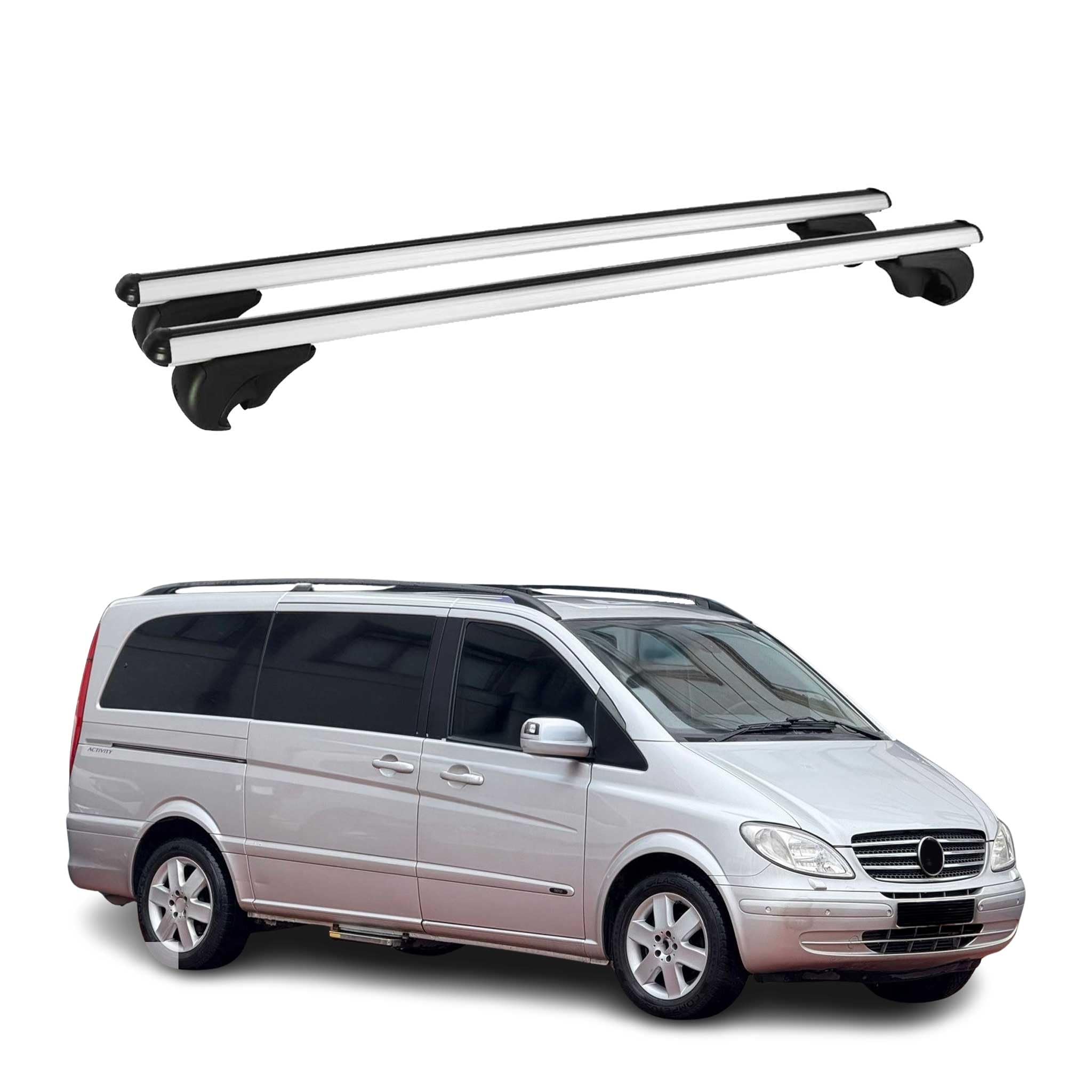 OMAC Aluminium Dachträger Querträger für Mercedes Viano Vito W639 2003-2014 – TÜV/DIN 75302:2019 – Abschließbar – Max. 75 kg – 2 Stangen Silber