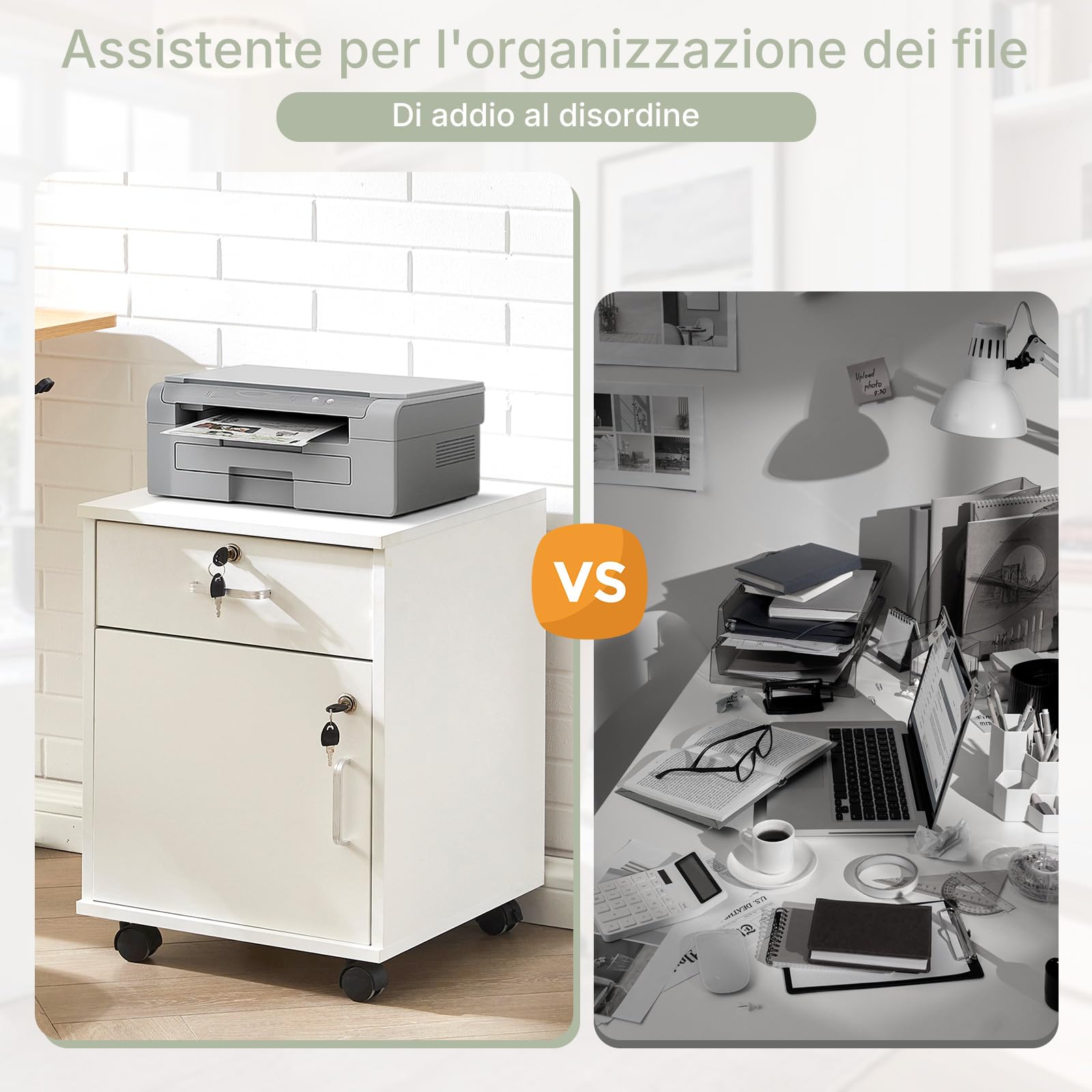 LEMROE Armadietto mobile a 2 cassetti con serratura e ruote in legno stile industriale per casa ufficio (bianco, 1 cassetto + 1 armadio)