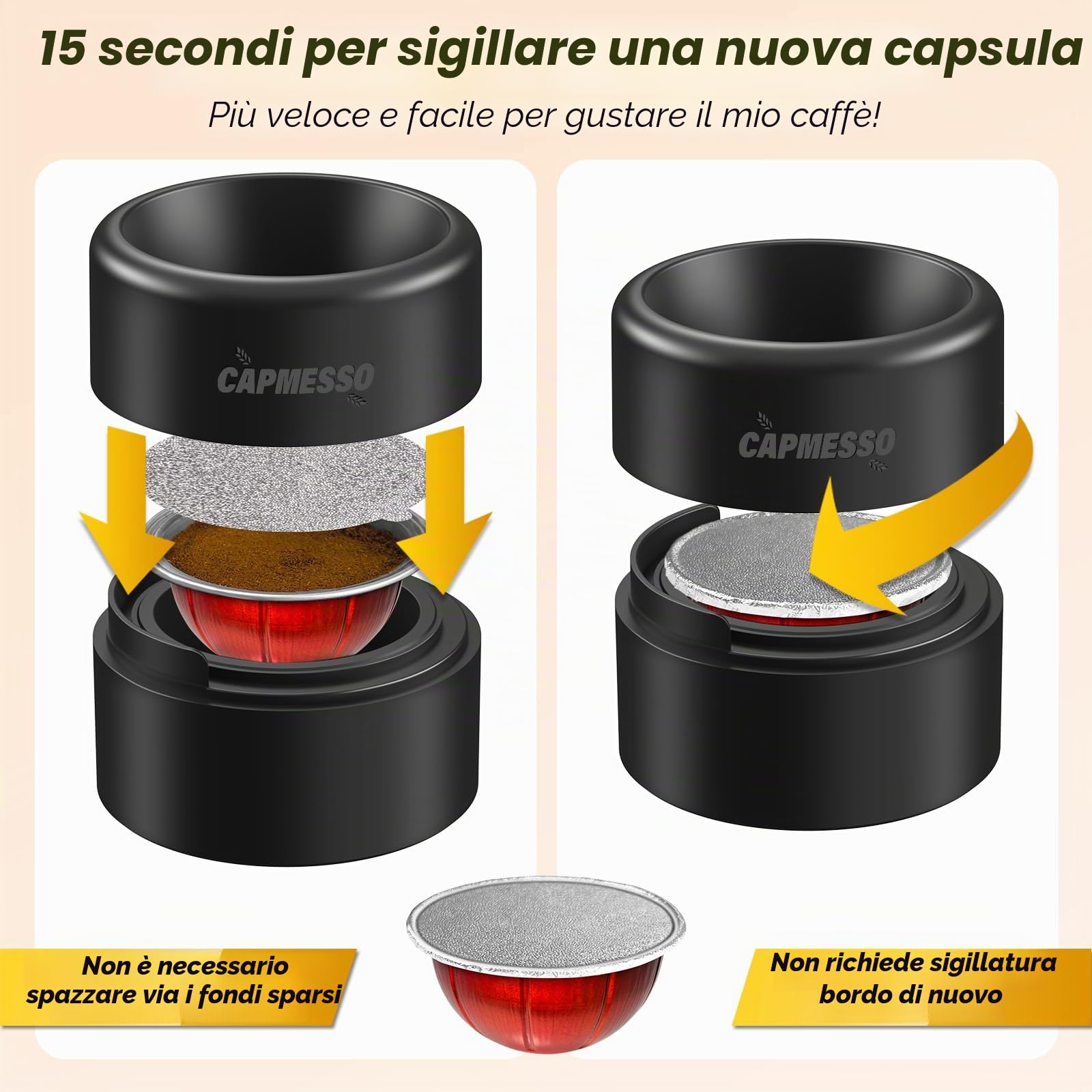 CAPMESSO Kit di Ricarica per Capsule Vertuo Riutilizzabili, Design Più Nuovo 2025 per Sigillatura Più Veloce Capsule Nespresso Vertuo Riutilizzabili con Pennello Riempi & Pressa, 100pcs Coperchi in