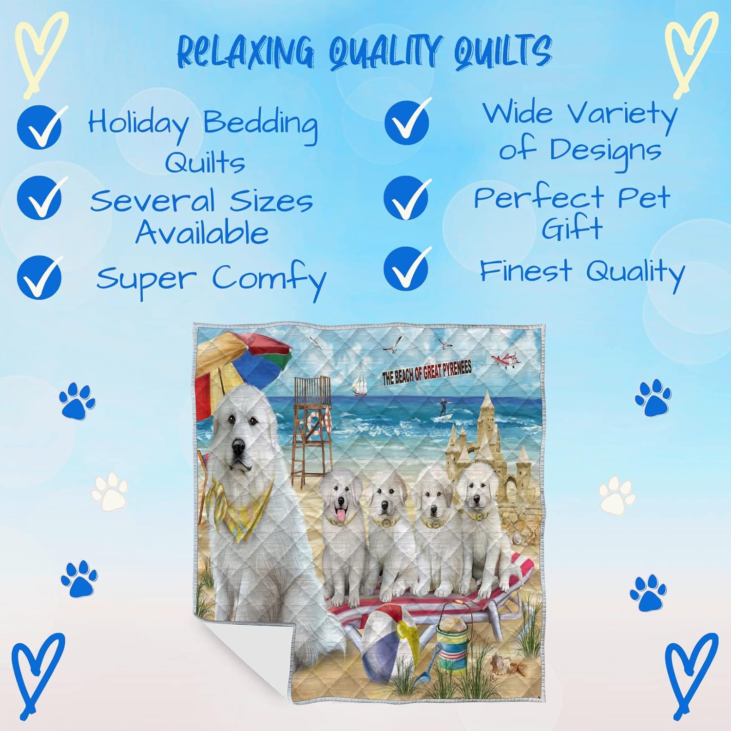Pet Friendly Beach Great Pyrenee Dog Quilt Bed Coverlet Bedspread - Pets Comforter with Unique One-Side Animal Printing - Soft Lightweight Quilt - Washable 100% Polyester, 40"x50"