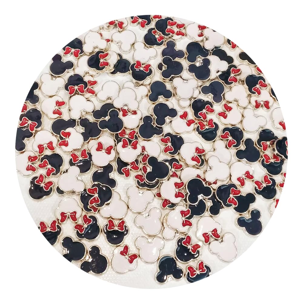 100 Pieces Small Plastic Beads Plated Gold Enamel Red Bow White Black Mouse Charm (no hole), Lightweight ABS Flatback Anime Bead Charms for Women DIY Hair Accessory Crafts-image-40