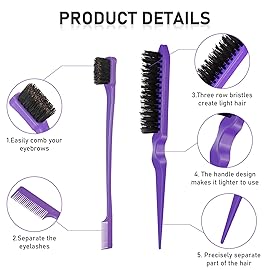 12 Piece Nylon Brushes Set for Grooming - Salon Teasing Brush, Double-Sided Edge Brush, Smooth Comb, Rat Tail Combs with Duckbill Clips for Women and Girls (Purple, Black)