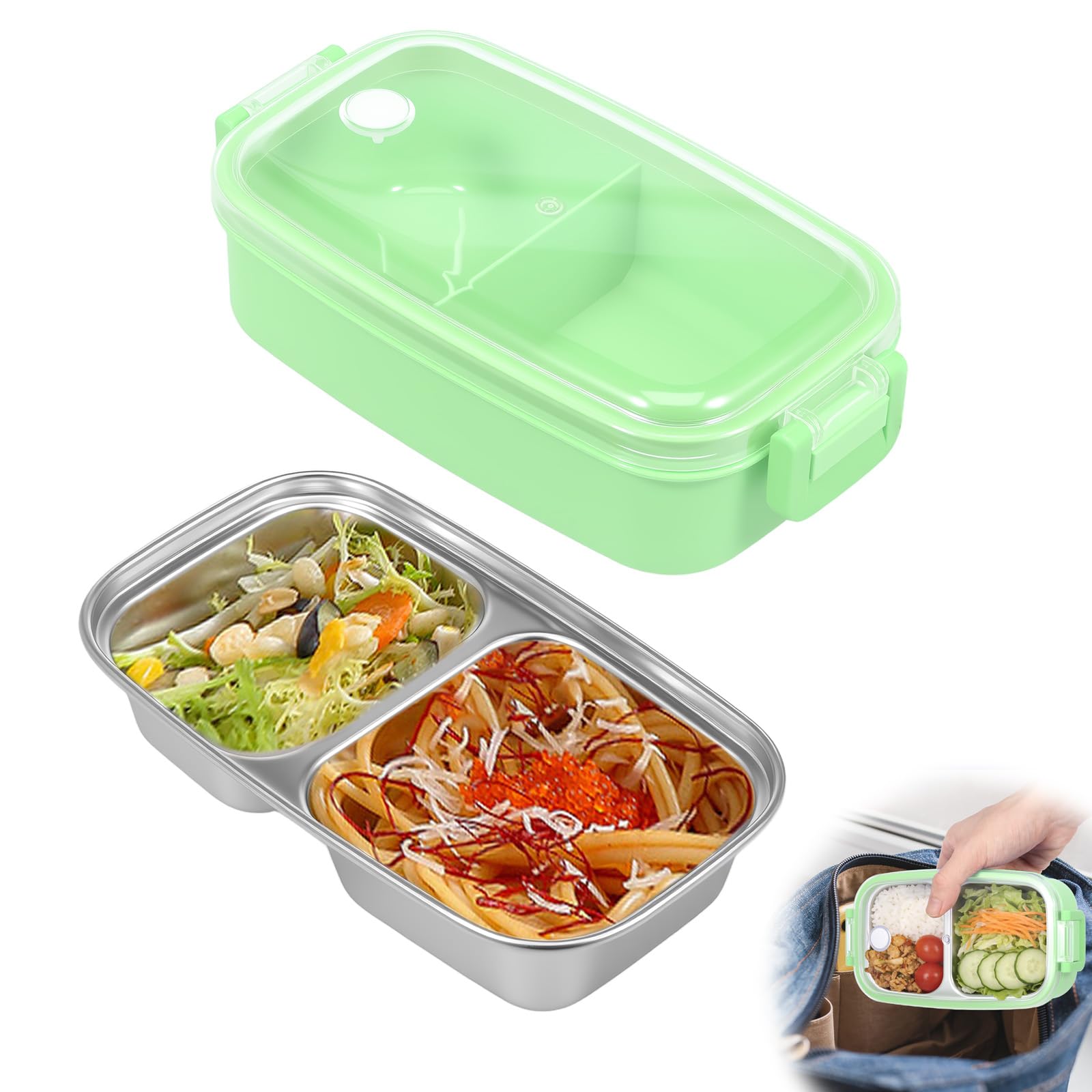 VAVPUP Portable 2-Compartment Lunch Box 300ml Stainless Steel 540ml PP Leakproof Container for Fitness(green,1PCS)