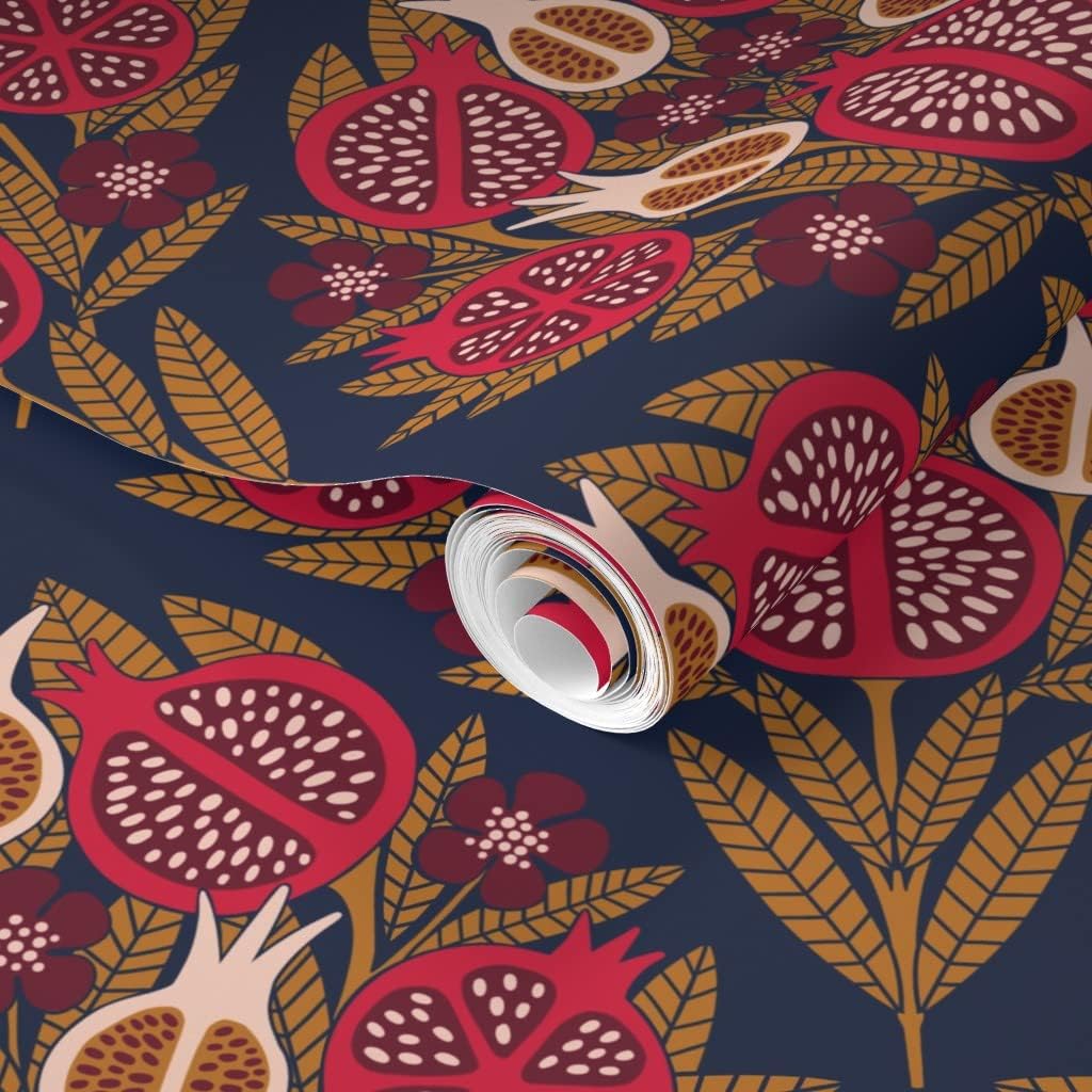 Spoonflower Removable Wallpaper 6ft x 2ft - Damask Blue Gold Rose Maroon Custom Pre-Pasted Wallpaper