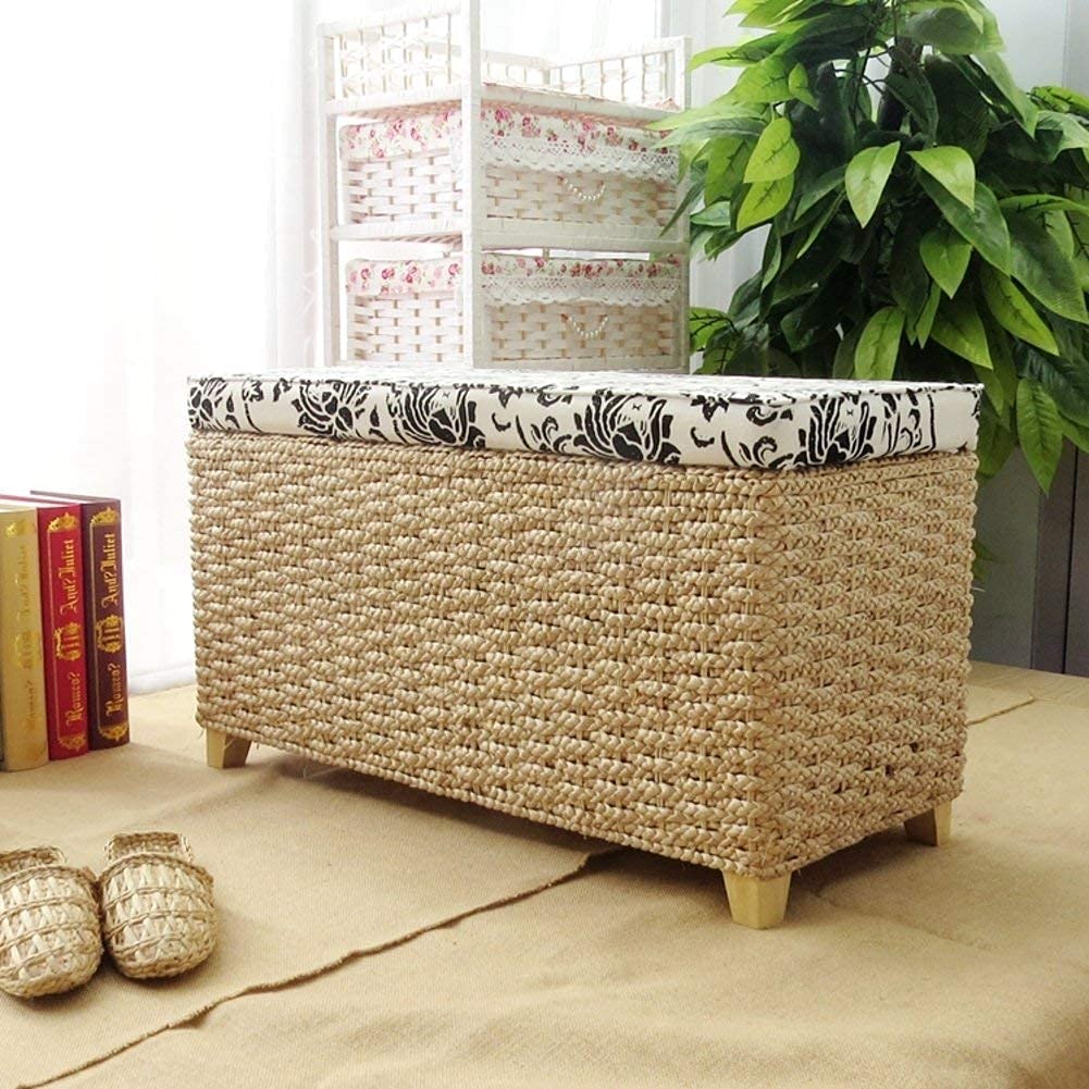 Banc ottoman de rangement en rotin kaki de 80 cm pour entrée