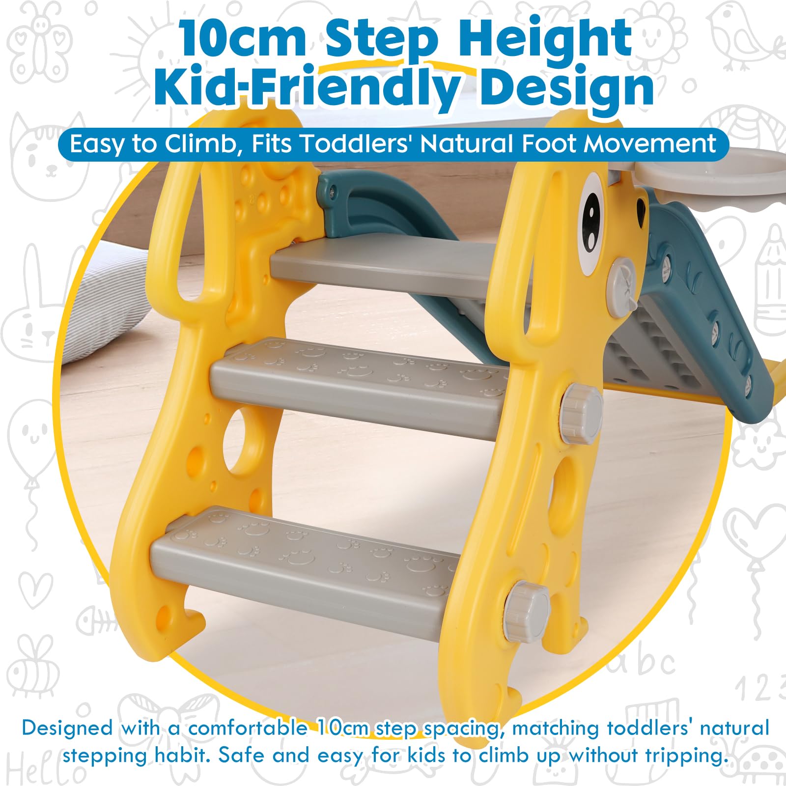 Tobogán Infantil 3 En 1 Tobogán para Niños De 3 Años con Escalera Antideslizante, Canasta De Baloncesto Y Pelota, Bordes Suaves Y Redondeados para Interior Y Jardín, Diseño De Perro, Color Amarillo