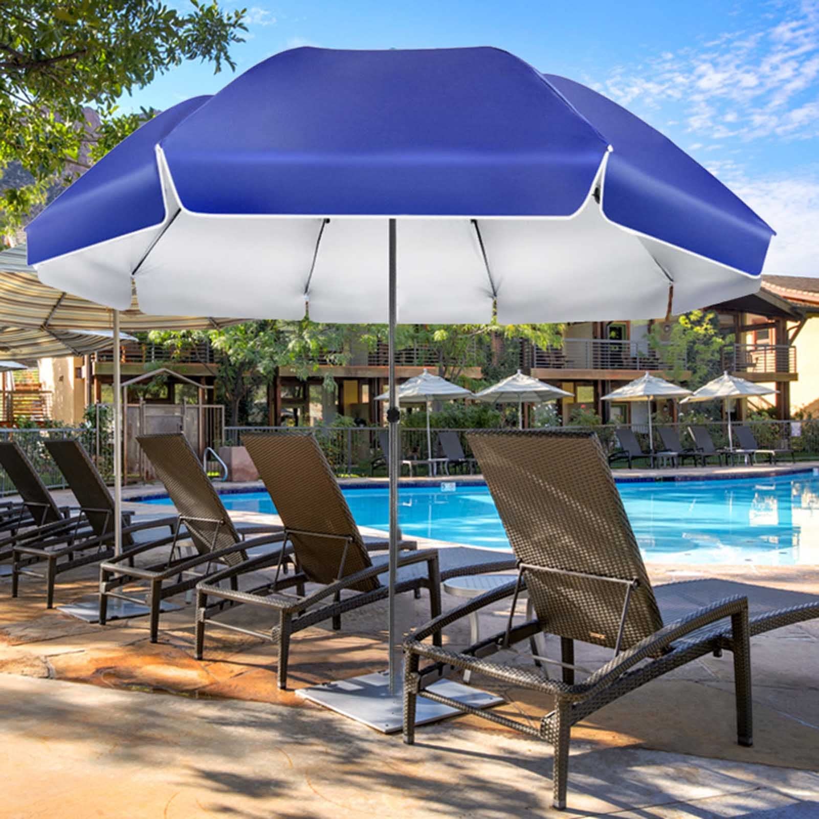 NWB Runder Gartenschirm Strandschirm Sonnenschirm, Stahl, Höhenverstellbar, Wasser- Und Sonnenfest, Terrassenschirm für Strand Schwimmbad Garten, Blau (Size : 2.4m/7.8ft)