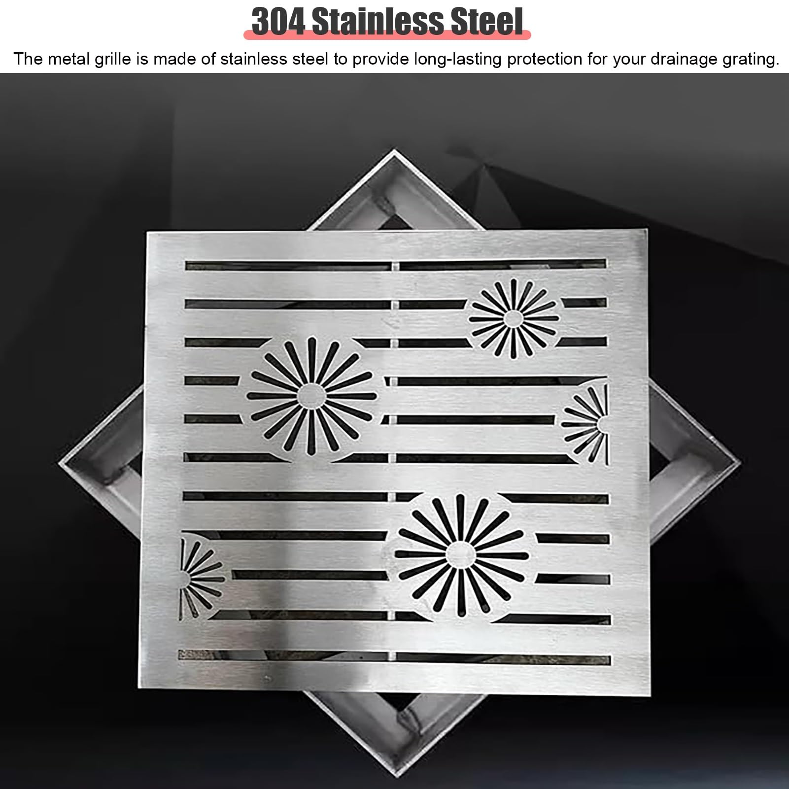 ZIMGOD Trench Drain Square Drain Grate Grid with Base and Pattern, Yard Channel Grate Cover for Garage/Driveway/Patio, Outdoor Shower Sink Grates Drainage Cover