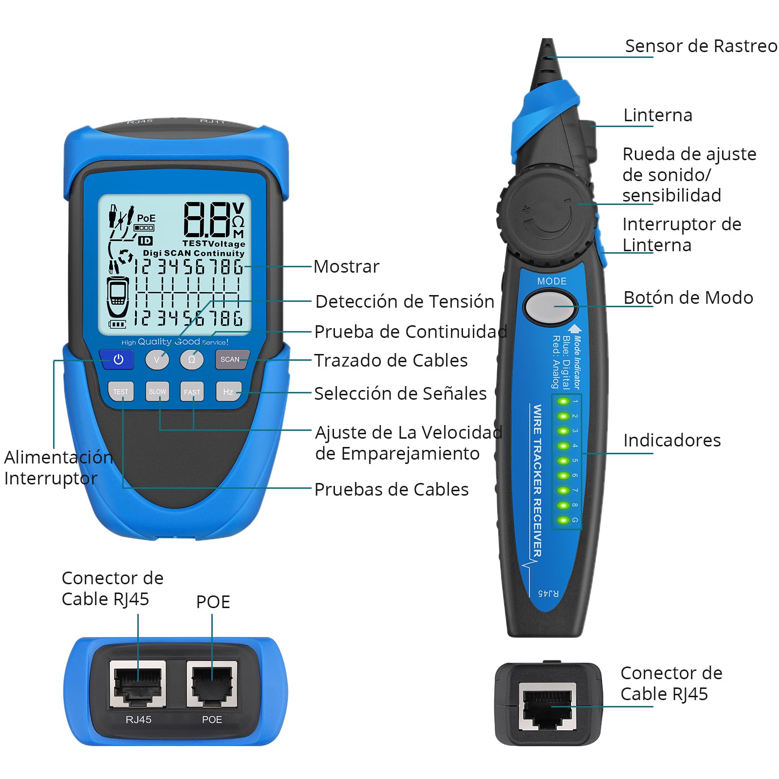 Probador de Cable con POE Rastreador de Cables Multifunción de Red RJ45/POE con LCD Nueva Versión Buscador de Líneas Cable CAT5/5e CAT6 Cat7 Cat8 para Prueba de Polaridad de Voltaje de Batería