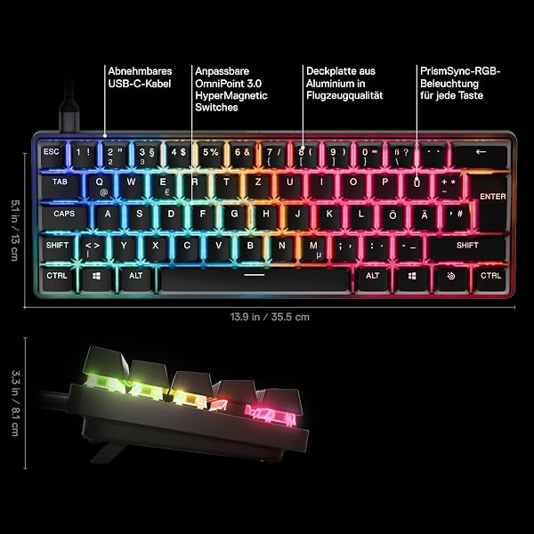 SteelSeries Apex Pro Mini Gen 3 Gaming Keyboard 60 Percent - Hall Effect Switches OmniPoint 3.0 - Adjustable Trigger Range - GG Quickset - Rapid Trigger - Rapid Tap-SOCD - German Layout QWERTZ - 3