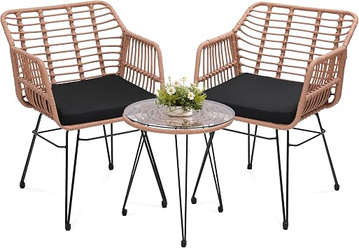 KROFEM 3 Piece Wicker Patio Bistro Furniture Set, Includes 2 Rattan Chairs and Glass Top Table, Ideal for Porch, Outdoor, Backyard, Apartment, Balcony, Natural