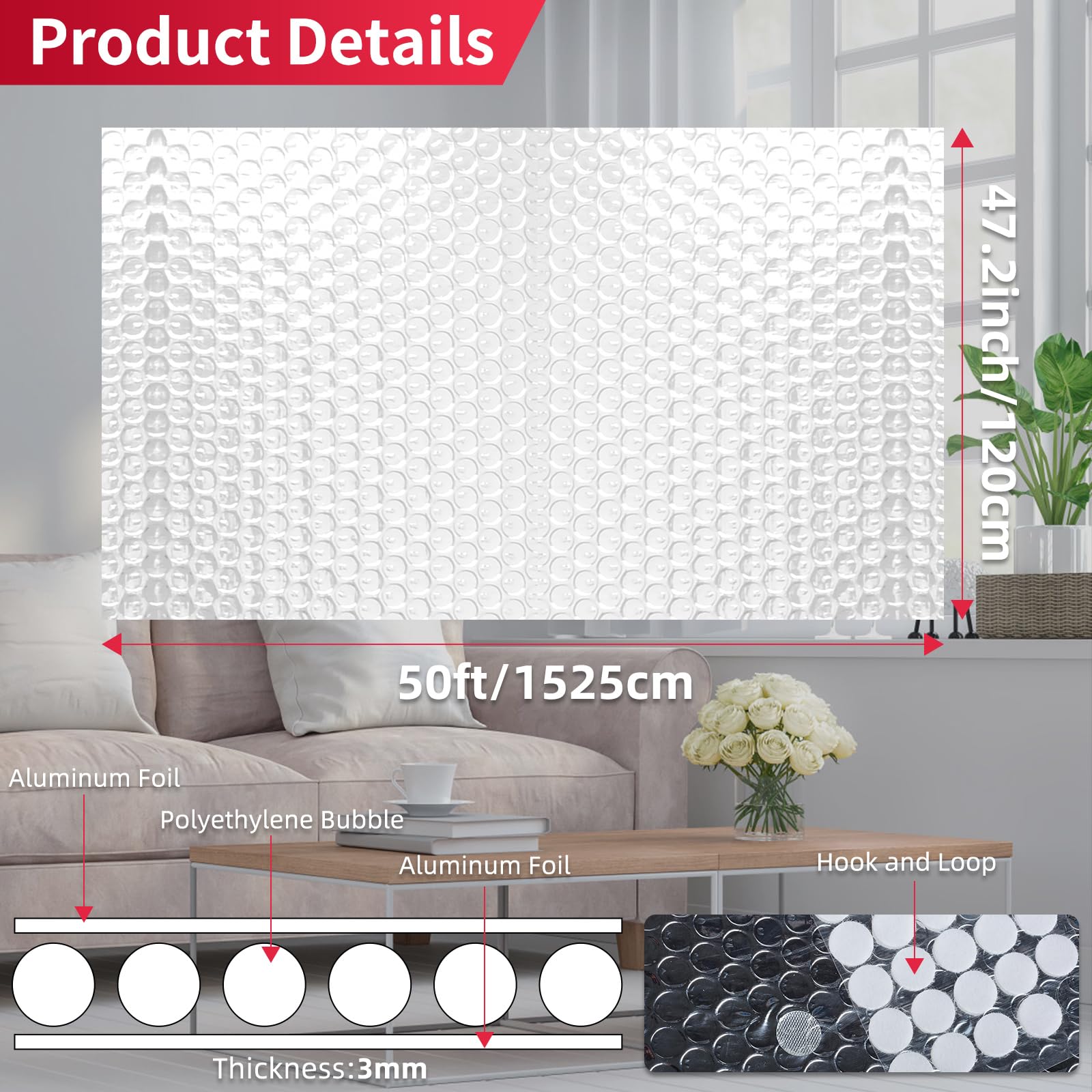 3mm Isolante a bolle riflettente, 121,9cm x 15,24m, Doppio foglio in alluminio, Per tutte le stagioni, ideale per finestre, Isolante Termico