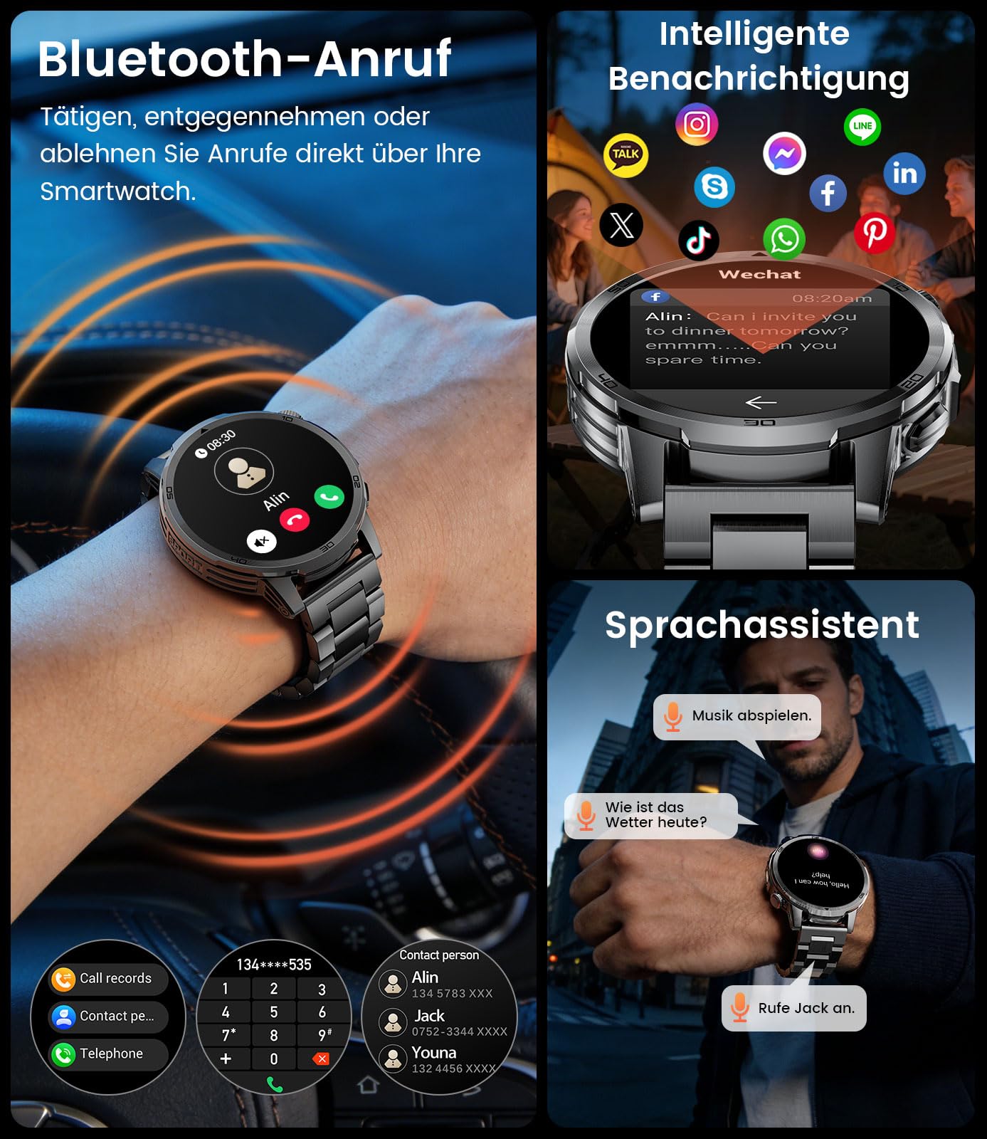 FITFLEX Smartwatch Herren Militär mit 1000 mAh, 1,85" HD Großes Touchscreen Smart Watch mit LED Licht/Telefonfunktion/120+Sportmodi Fitnessuhr/Herzfrequenz/Schlafmonitor/IP68 wasserdicht, iOS/Android