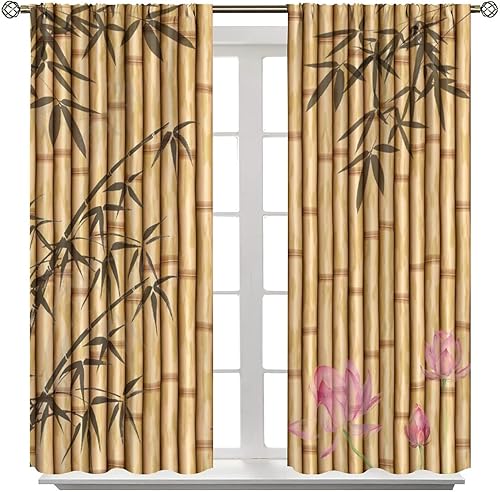 Miniatura 8 de Cortinas con estampado de bambú, hojas de bambú japonesas, flores rosas, loto, cortinas con bolsillo para cortinero para dormitorio, sala de estar,