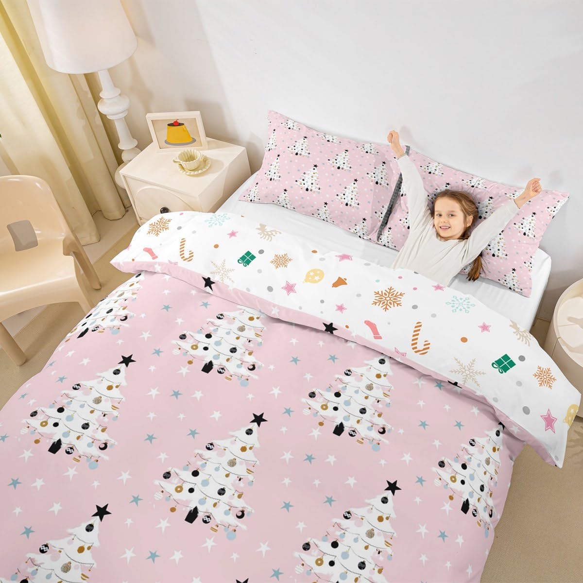 Christmas Tree Bedding Set Twin Size Star Bells Decor Xmas Pine Duvet Cover Set 2pcs Kids Girls Pink Comforter Cover Women Boys Teens Happy New Year Gifts Quilt Cover Bedroom Decor,1 Pillowcase