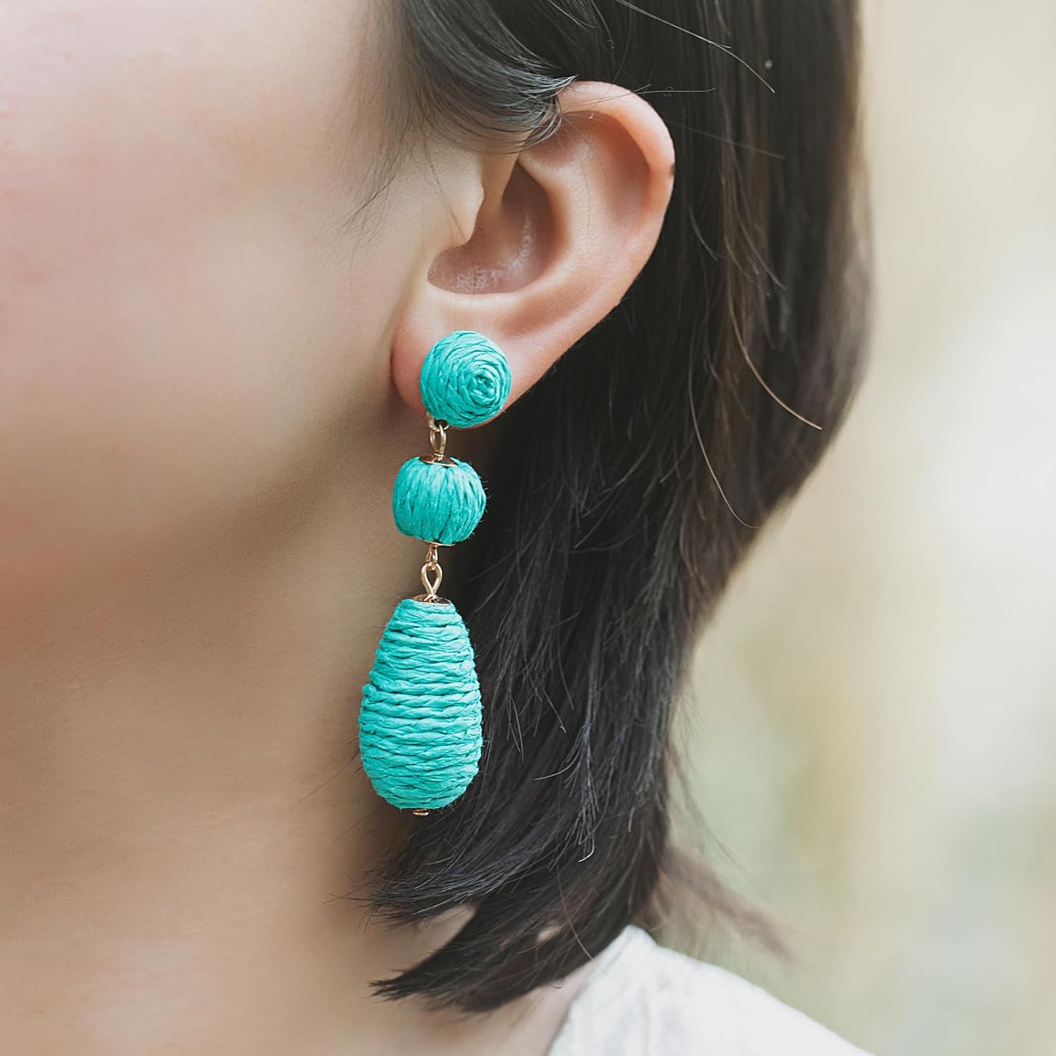 Boho Raffia Earrings Statement Dangle Earrings Cute Teardrop Ball Earrings Colorful Summer Jewelry Handmade Rattan Earrings for Women - Image 2