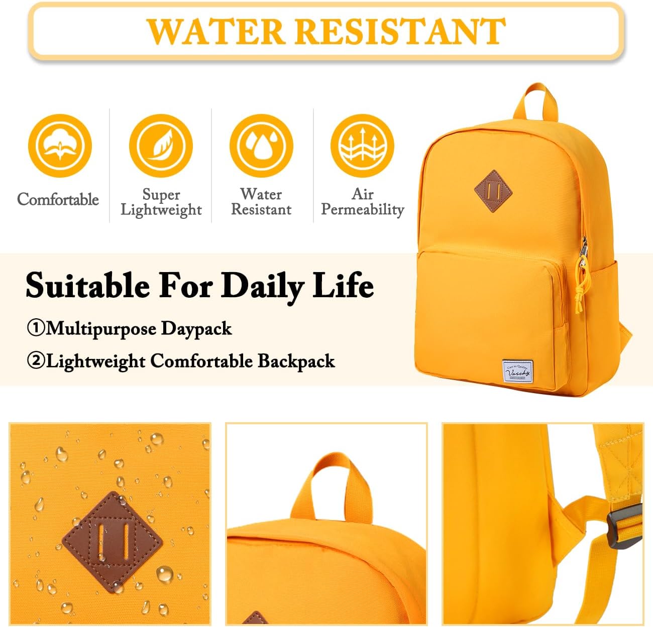 VASCHY School Backpack, Ultra Lightweight Backpack for Women Bookbag for Kids Teen Boys Girls Yellow - Image 3