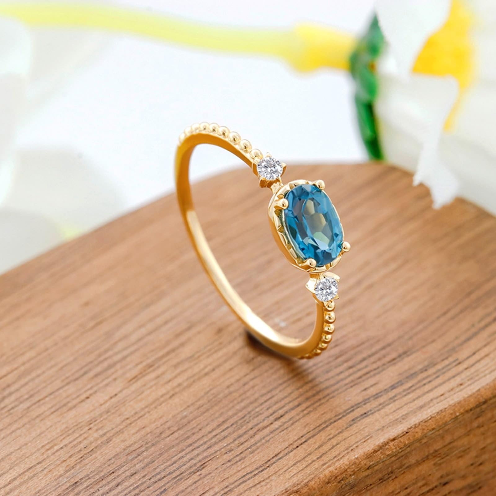 Anillo de compromiso de oro Au 375/585/750, ovalado, topacio elegante, filigrana