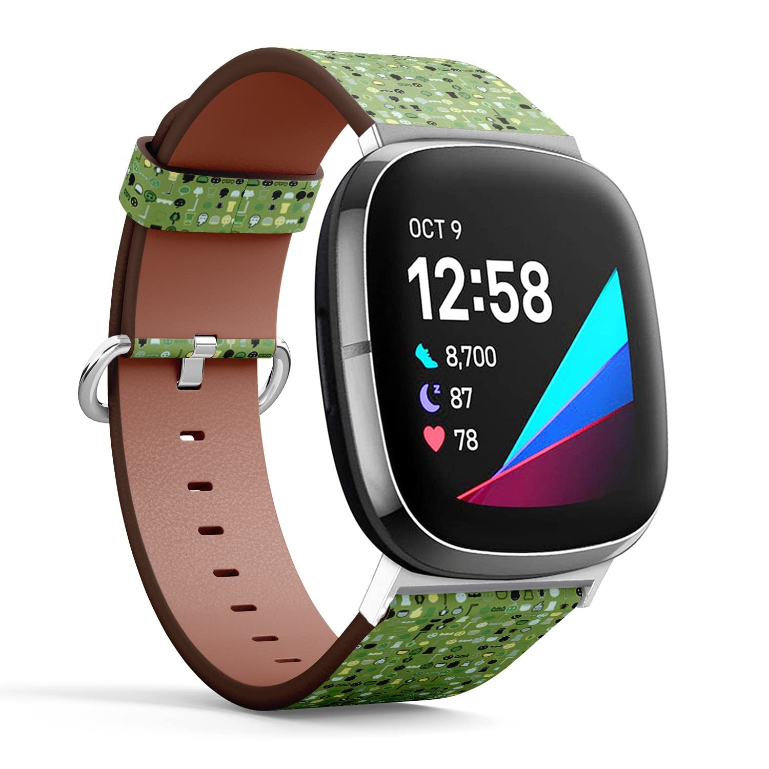 CJBROES Replacement Leather Watch Band, Compatible with Fitbit Versa 3 and Fitbit Sense of Wristband Bracelet Accessory - Halloween Colored Elements