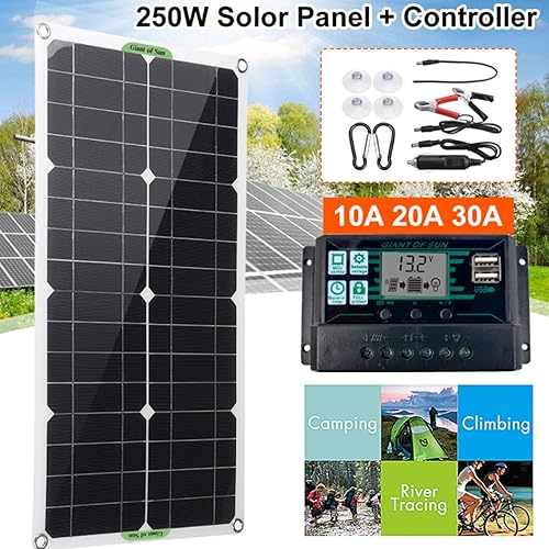 Miniatura 2 de Kit de panel solar, módulo fotovoltaico monocristalino totalmente impermeable de 250 W, kit de inicio de panel solar con controlador PWM de 10 A, 12