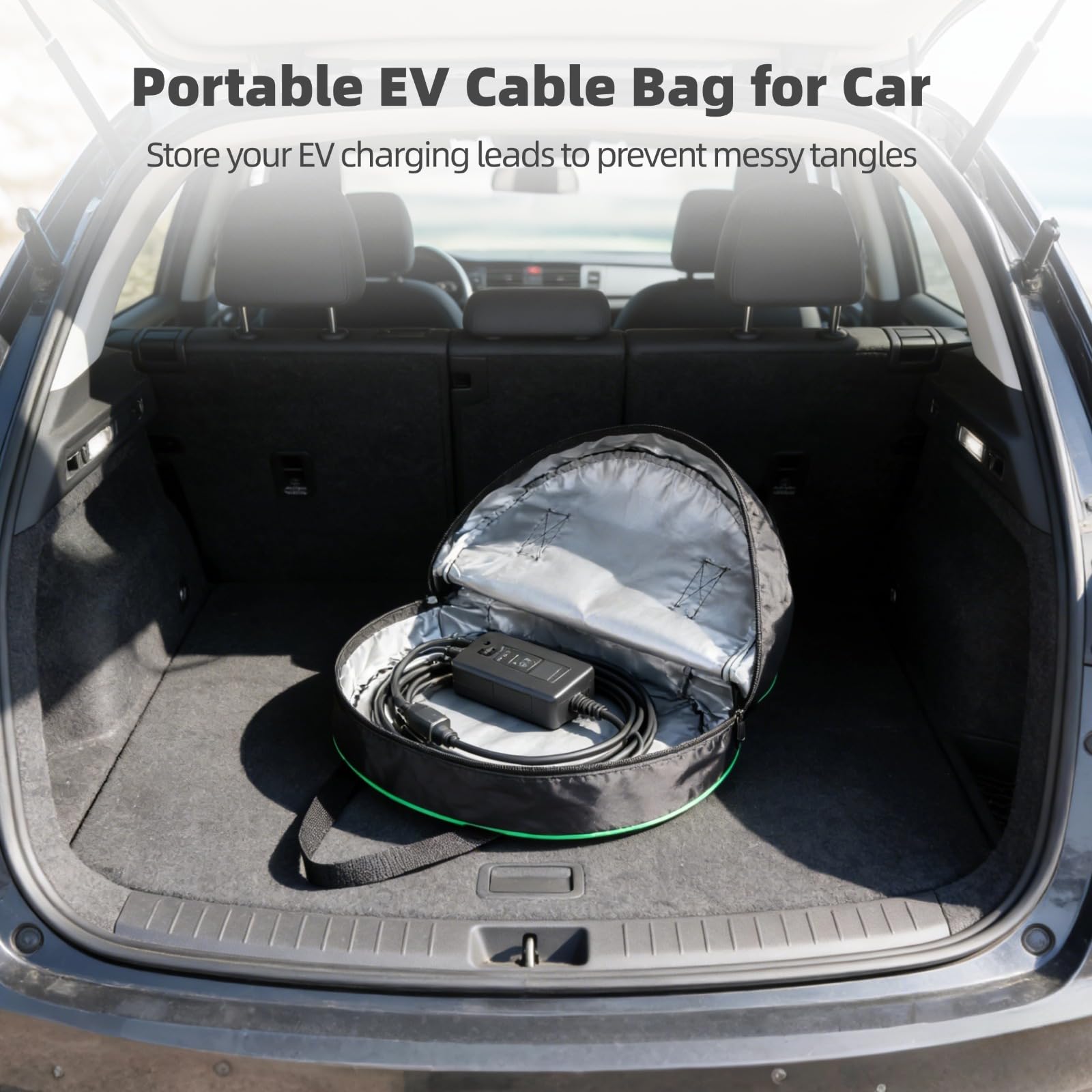2 PCS EV Cable Bags, 2 Sizes Waterproof Oxford Cloth RV Hose Storage Bag with Silver Inner, Charging Cable Organizer with Reflective Strip, Jumper Cable Pouch for Electric Vehicle — view 3