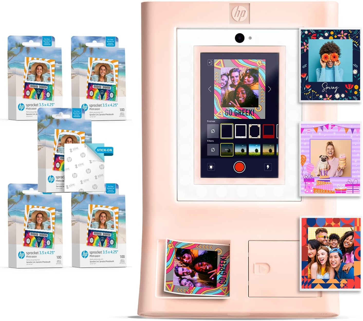 HP Sprocket Photo Booth Machine Instant Color Photo Printer (Pink) Paper Bundle + Zink 3.5 x 4.25” Zink Sticky-Backed Photo Paper (500 Sheets)