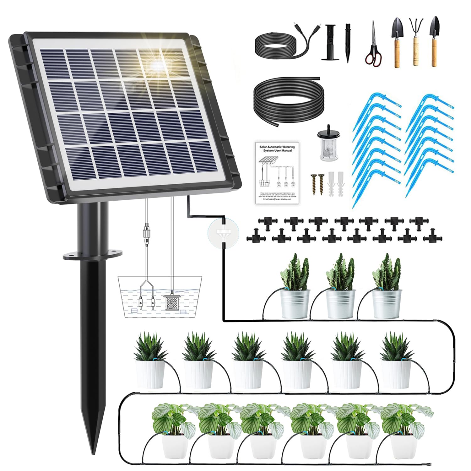 Solar Automatic Drip Irrigation Kit – 25 Timer Modes Smart Watering System for 15 Plants, 900ml/min High Flow with IP54 Waterproof, 49FT Indoor/Outdoor Garden Kit for Vacation & Busy Plant Lovers