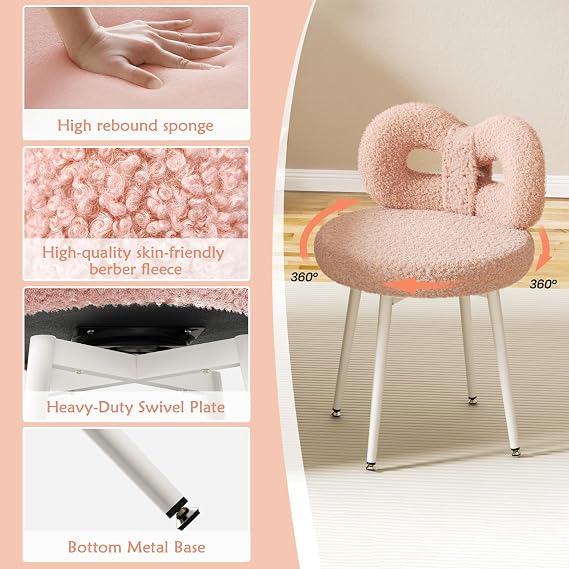 ROOMTEC Vanity Chair with Back, Swivel Makeup Chair,No Wheels Bedroom Pink Chair,Small Swivel with Upholstered and Cute Bow Backrestst