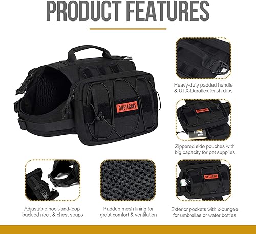 Miniatura 10 de OneTigris Mochila para perros medianos y grandes, mochila de nailon para perros, mochila táctica para mascotas con bolsillos laterales para