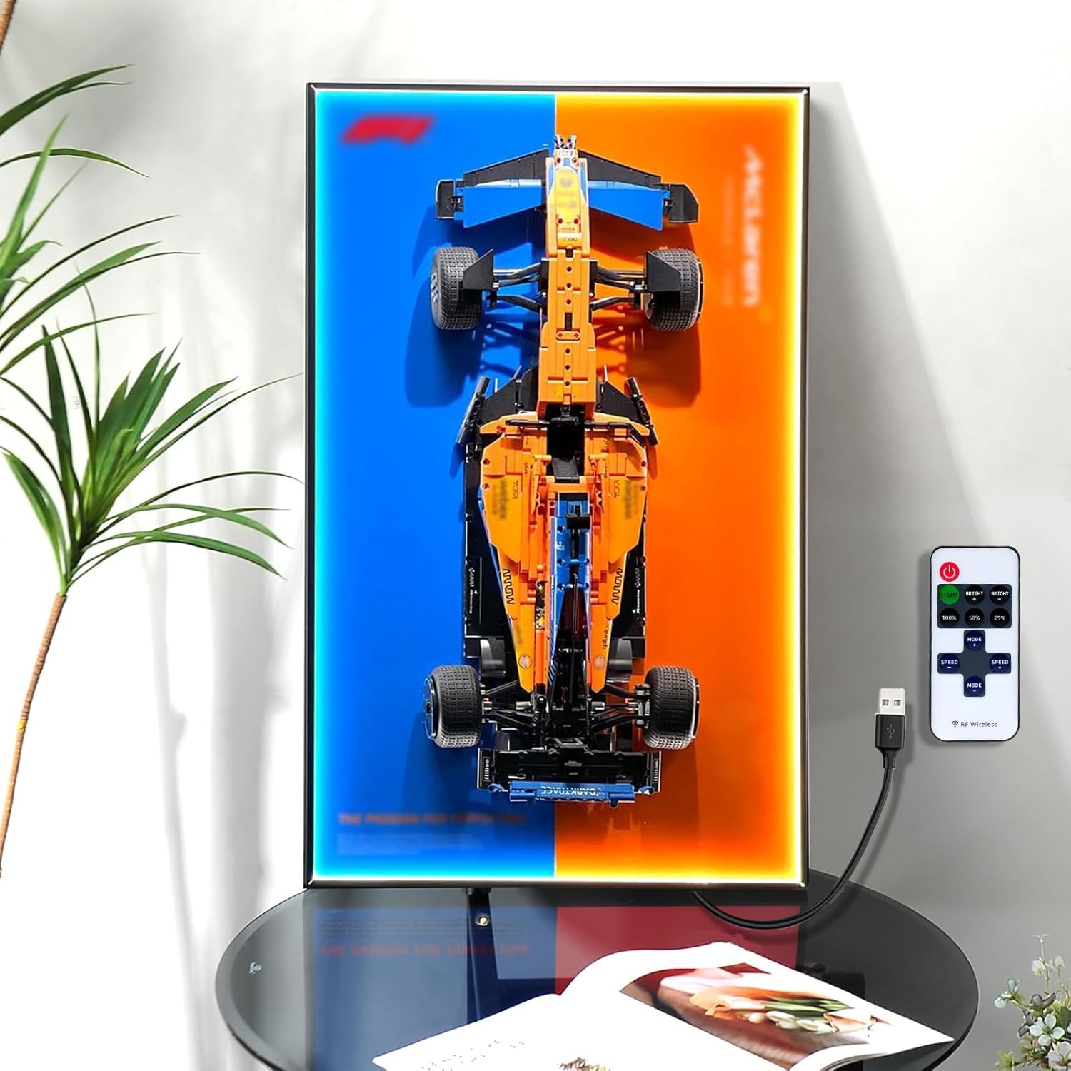 Display Wallboard for Lego Technic McLaren Formula 1 Race Car 42141 with LED Lights, f1 Car Wall Mount Case, Light Up Picture Frame Organizer for Lego (No Car Included)