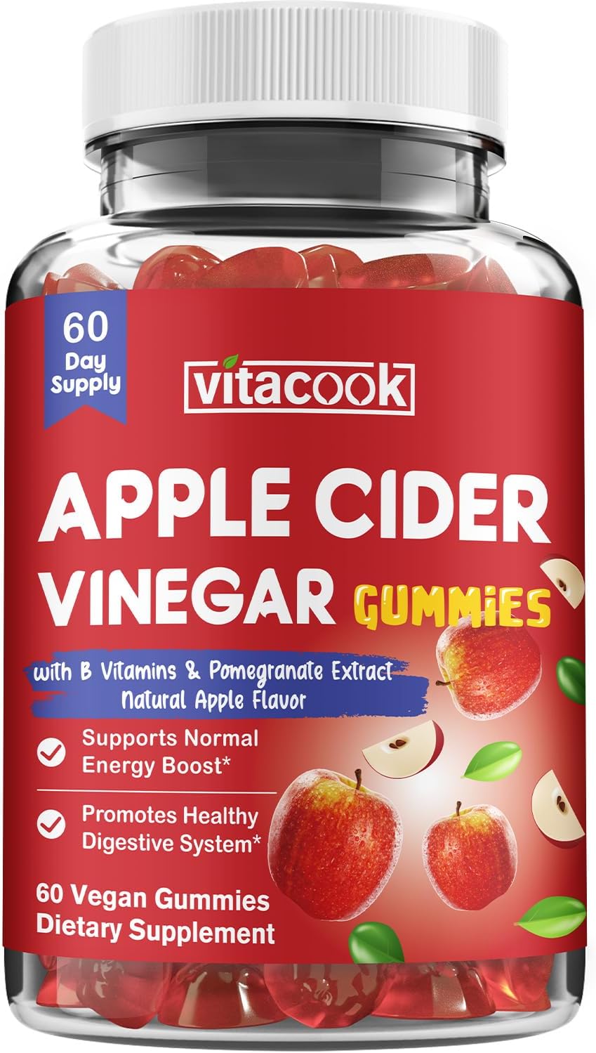 Apple Cider Vinegar Gummies for Increased Energy, Digestive Health, with Vitamin B9, Vitamin B12, Pomegranate Extract, Unfiltered, Non-GMO, Pectin-Based, No Gluten, No Sugar, 60 Gummies