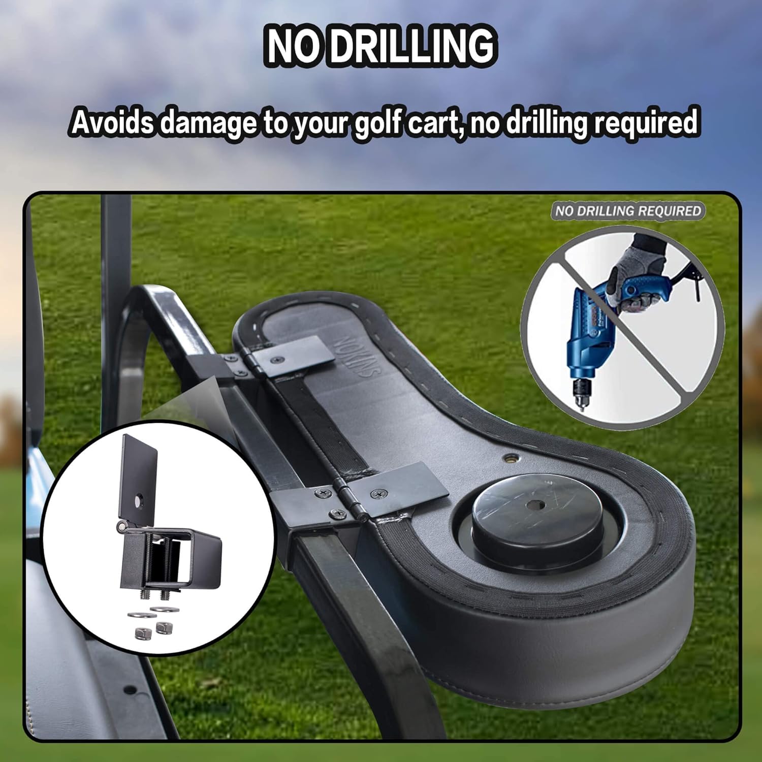 NOKINS Golf Cart Diamond Flip Armrest with Cup Holder, No Drilling Required, Golf Cart Folding Hinged Armrest, Inward Mount, for Club Car EzGo Yamaha Back Seat Kit