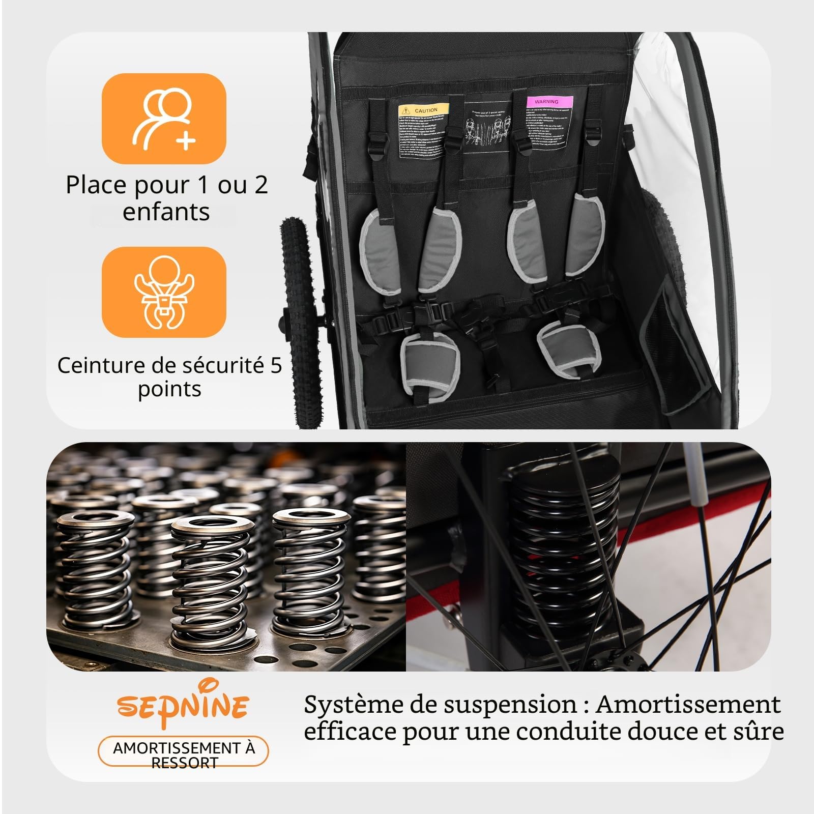 Remorque 2 en 1 pour Enfant avec Suspension pour 1 à 2 Enfants, remorque de vélo Pliable pour 2 Enfants, Poussette avec Grand Espace de Rangement, Fonction Jogging, réflecteurs