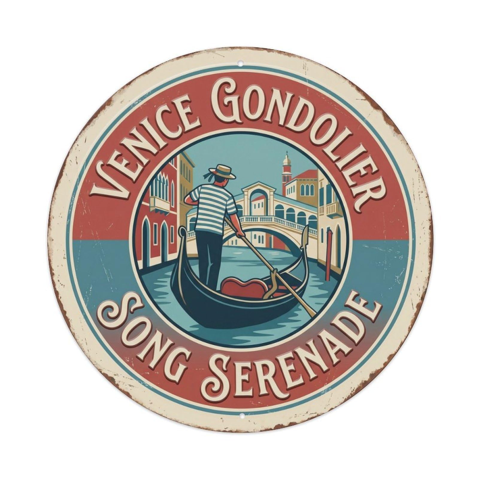 Gondolier Song Venice Serenade Waterway Metal Tin Sign Plaque Wall Decor for Cafe, Club Bar, Office, Home Garden Round Metal Poster 8x8Inch
