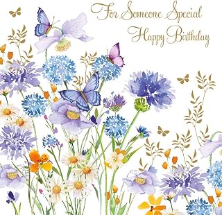 Nigel Quiney Female 'Happy Birthday' Card - 'For Someone Special' - Pretty Design with Blue Allium and Butterflies - the Pizazz Range, Multicolour