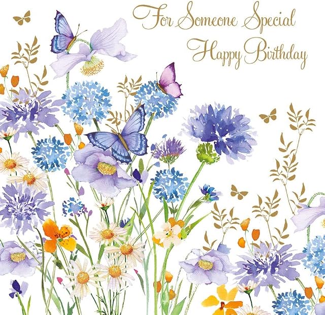 Nigel Quiney Female 'Happy Birthday' Card - 'For Someone Special' - Pretty Design with Blue Allium and Butterflies - the Pizazz Range, Multicolour