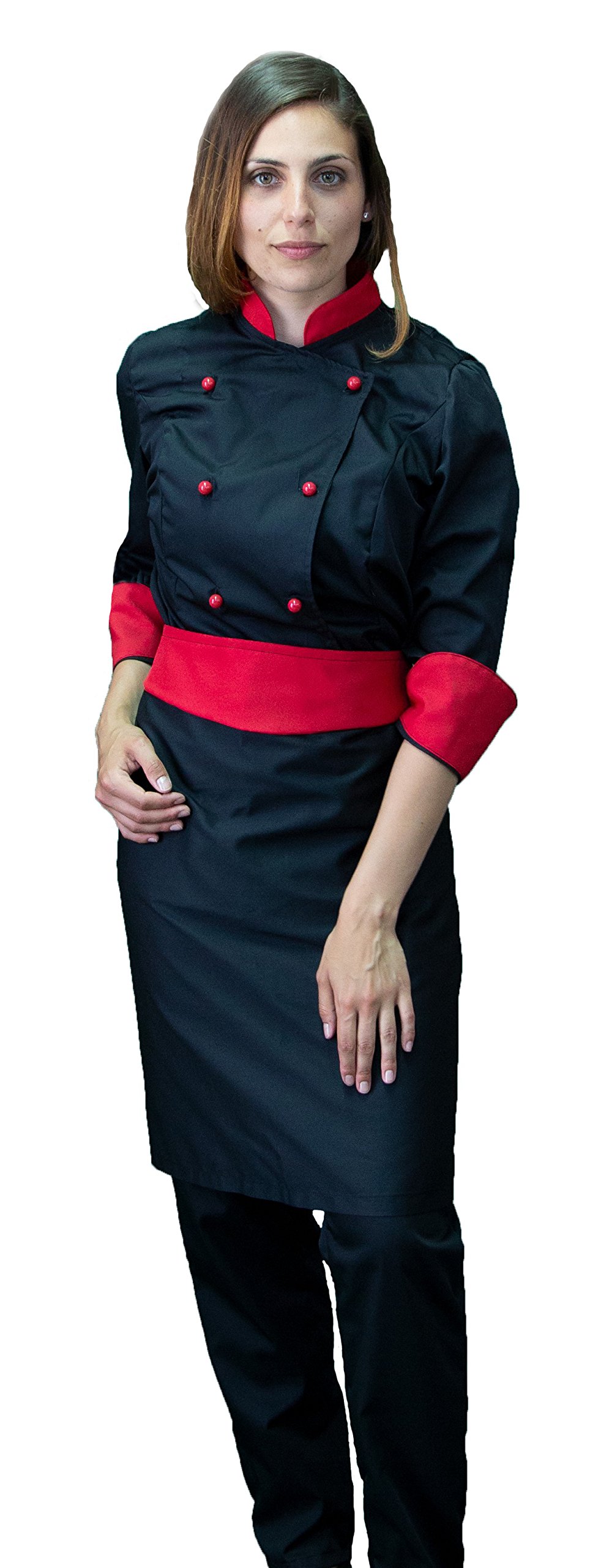 RICAMO GRATUITO Divisa Cuoco Donna - Nera e Rossa - Giacca, Pantalone e Grembiule - Completo per Cucina e Ristorante - Made in Italy
