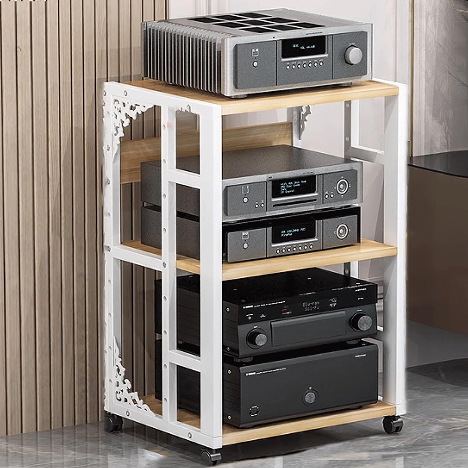 Rack Audio Tower Stable Shelf Organizer Rack Made of Engineered Wood + Steel, Audio Rack Stand Minimalistic Audio Rack Tower with Universal Wheels 3 Sizes 2 Colors(White+Natural,3 Layer)