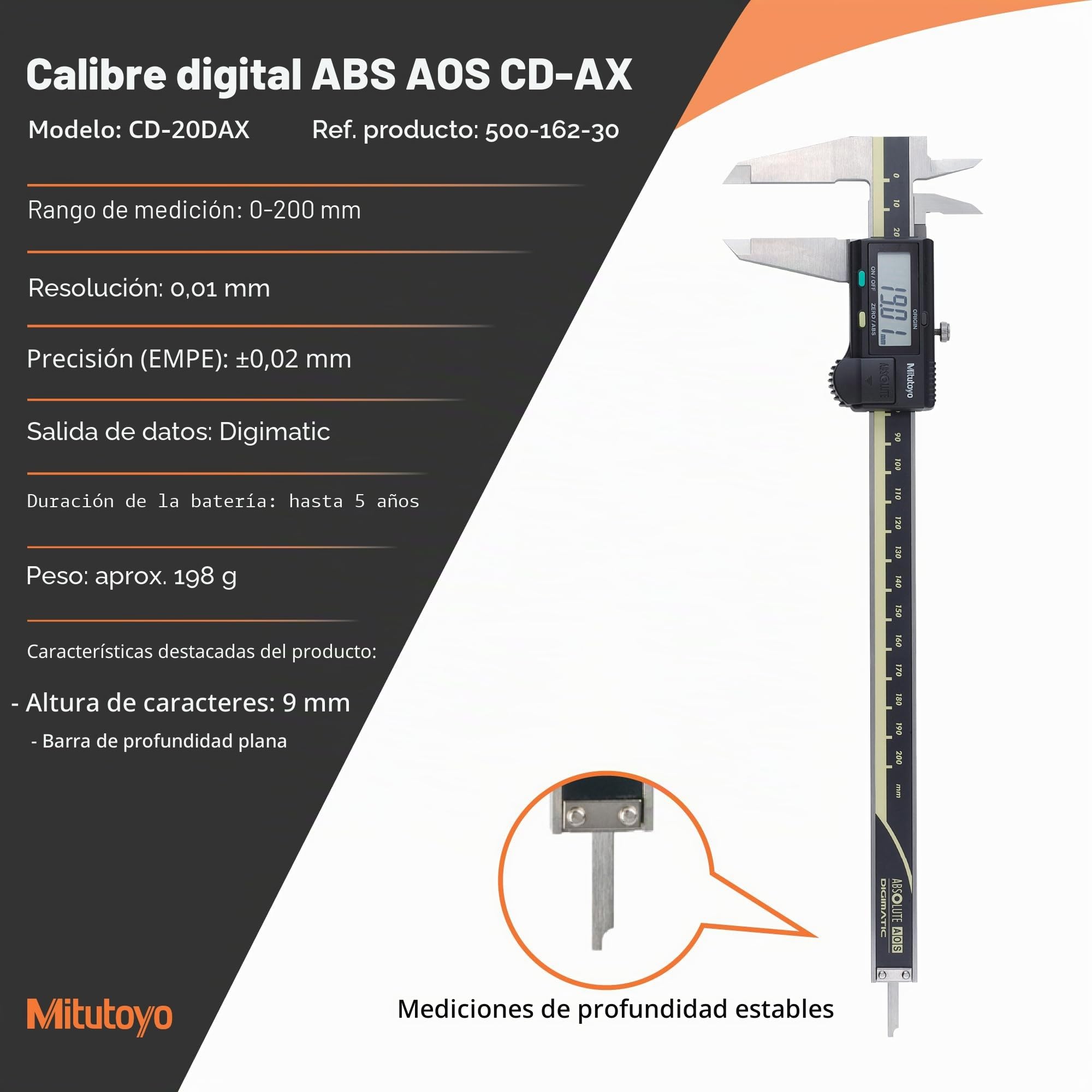 Mitutoyo Digital Callipers con Salida de Datos DIN 862, Rango de Medición 0-200mm [Pack de 1 101166051
