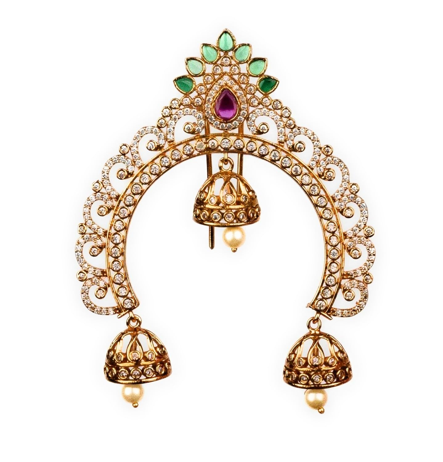 Temple Peacock Crest Arch Matte Gold Plated Jadai Billai Hair Brooch-image-31