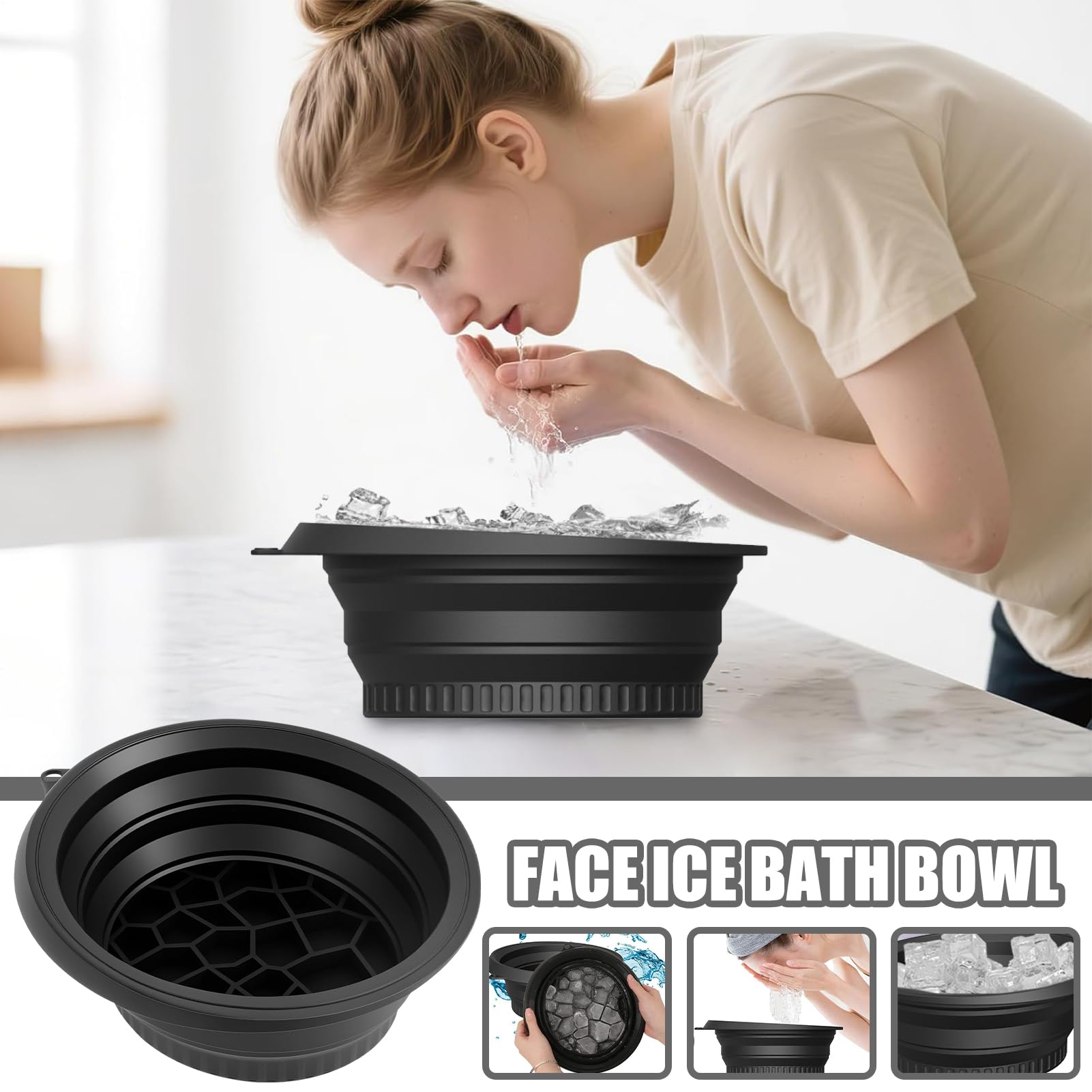Tazón Facial para Hielo, cuencas de Hielo de enfriamiento rápida, Cuenca de Lavado de Silicona Plegable con iCetrray Incorporado, Cuenca de Lavado portátil para Alivio de hinchazón