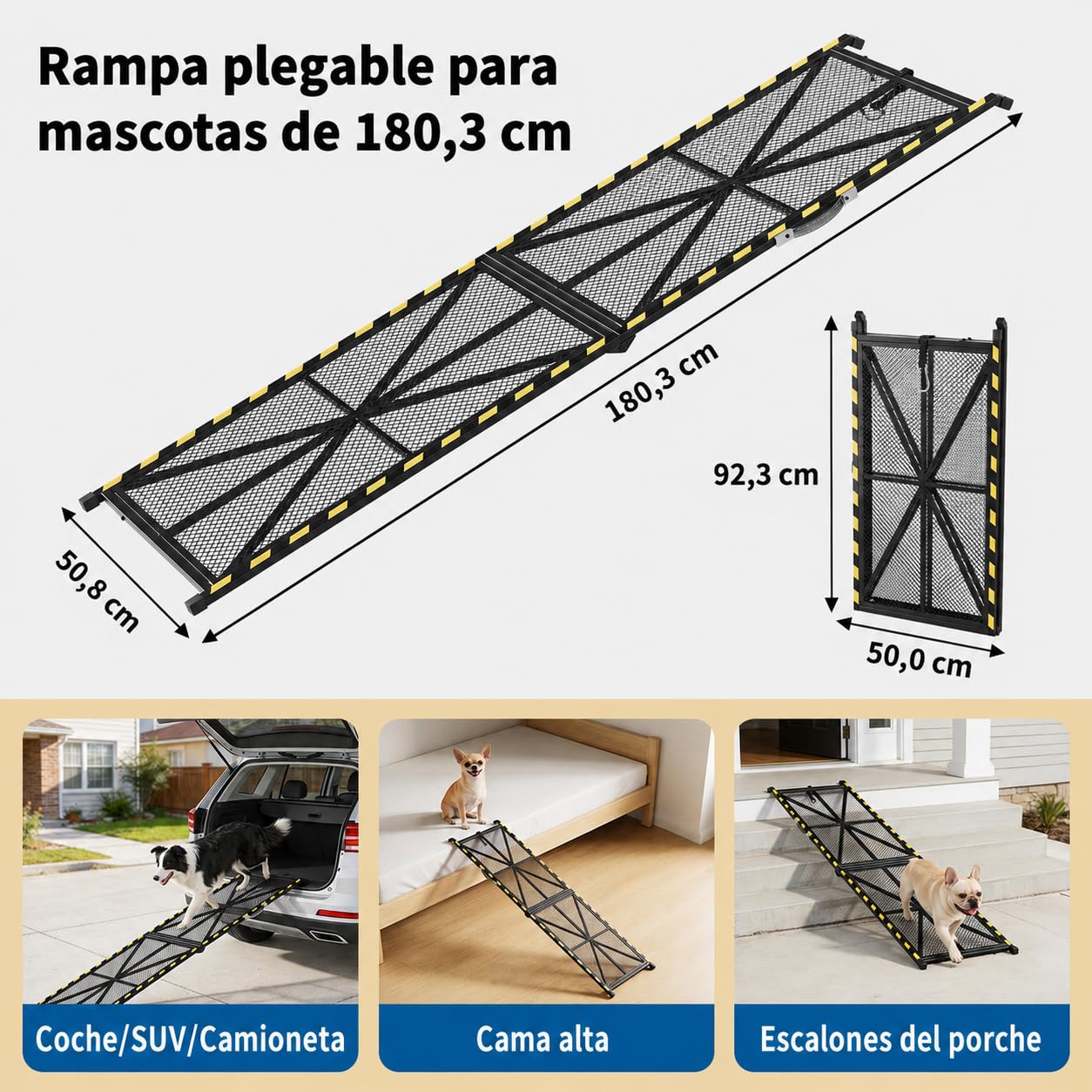 Garvee Rampa Perros Coche 180cm, Plegable Tubo Acero, Antideslizante, Negro | Rampa perros coche plegable 180 x 50 cm, tubo acero resistente antideslizante, para SUV y maletero, negro