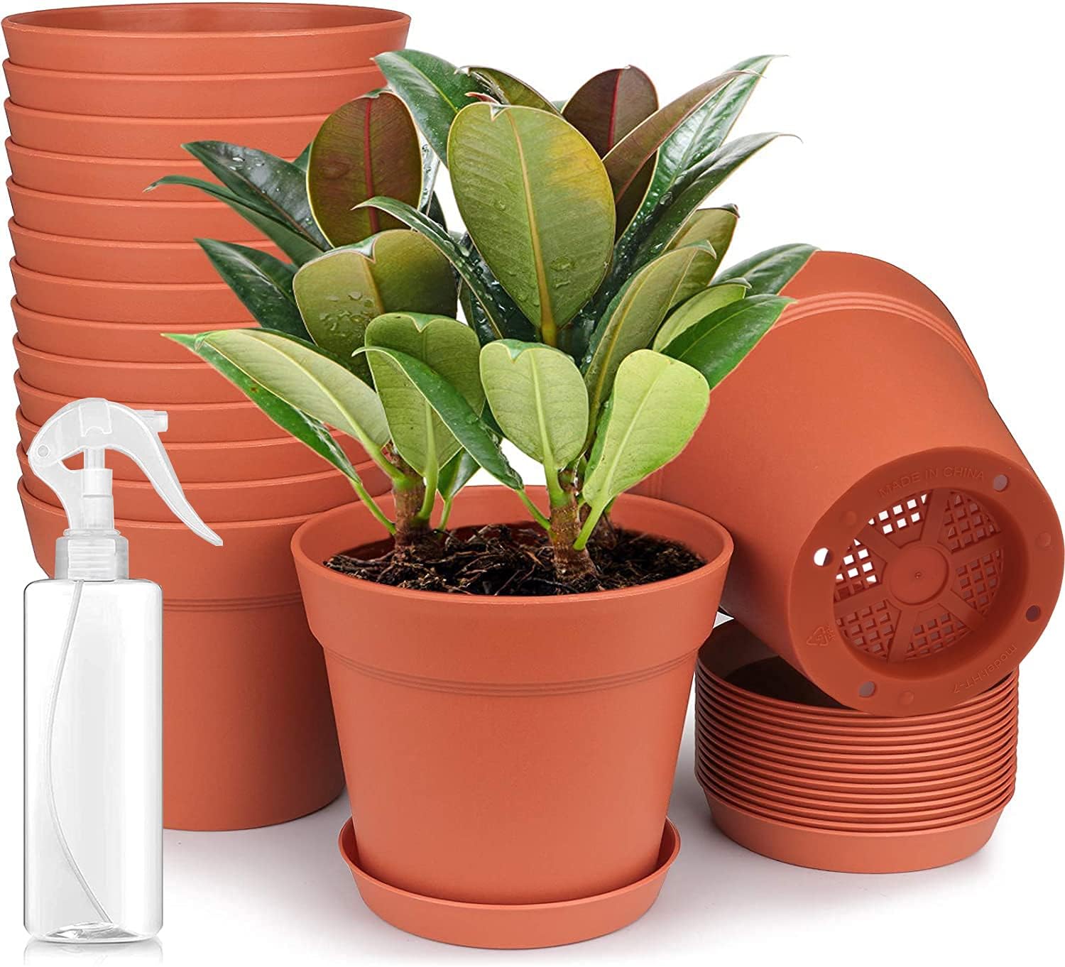 NuyoahMacetas Plastico Pequeñas Maceta de Plástico Tiestos para Plantas 6pz con Bandeja Inferior y Agujeros de Drenaje para Interior y de Exterior Oficina u Hogar (9.5cm Rojo Ladrillo)