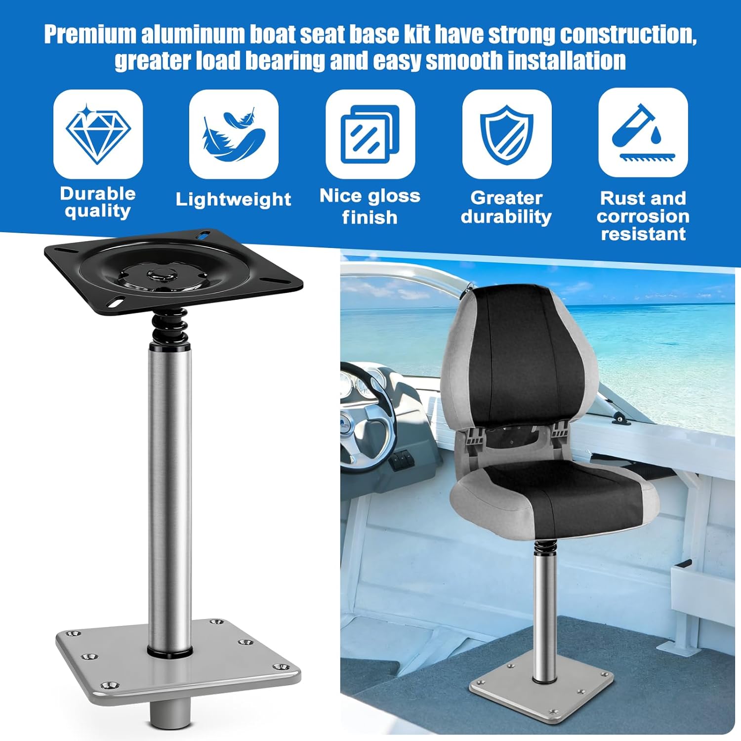 Boat Seat Pedestal Base Mount Kit with 11" Seat Extension Pole & 7" x 7"Base Plate - 3/4" Lock-in Aluminum Pedestal for Marine & Fishing Boats