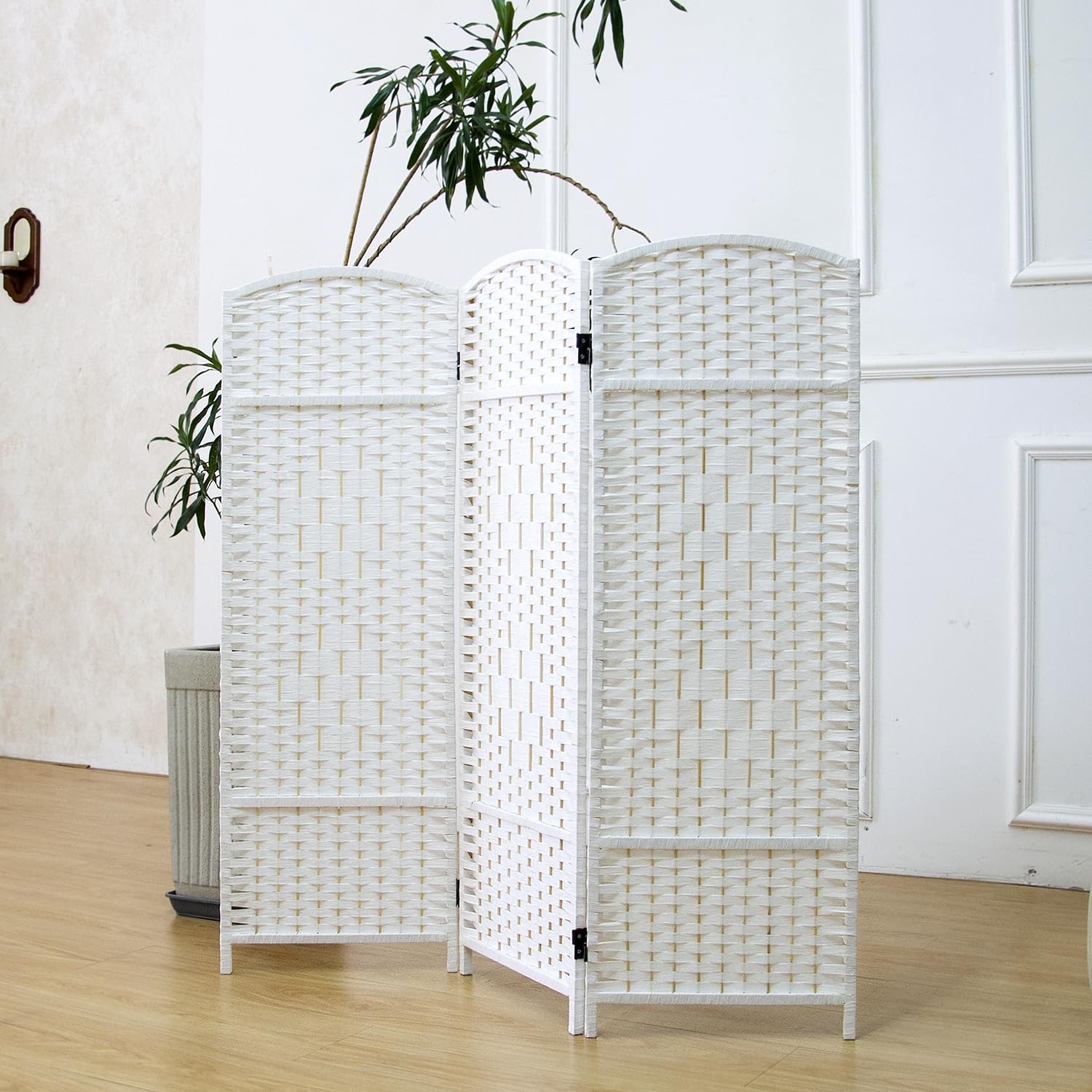 Furnnylane 3 Panel White Rattan Divider Short Room Partition Screen,Double Sided Short Folding Divider for Room Separation,120 cm Tall — image 1