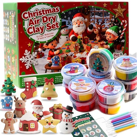 Christmas Stocking Stuffer for Kids – Air Dry Clay Kit with 12 Cups, 8 Tools & Instructions – DIY Holiday Ornaments & Crafts Gift for Boys & Girls
